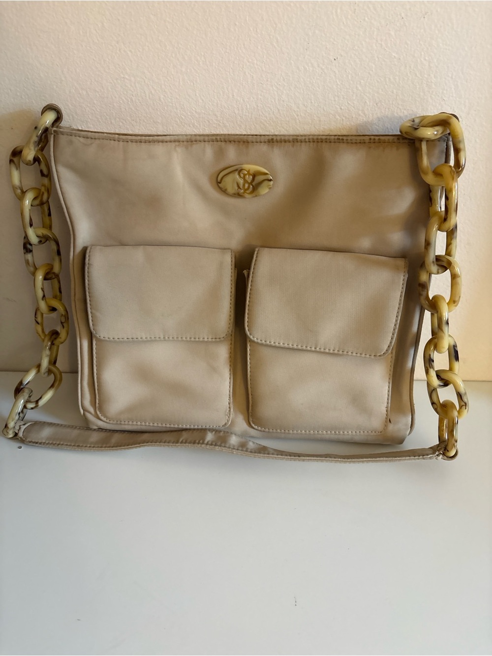 Vintage silver bleu nylon washable bag beige paddled satinCream & tan leather pu